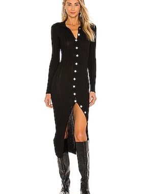 Lovers + Friends Kristy Black Ribbed Button-Front Midi Dress